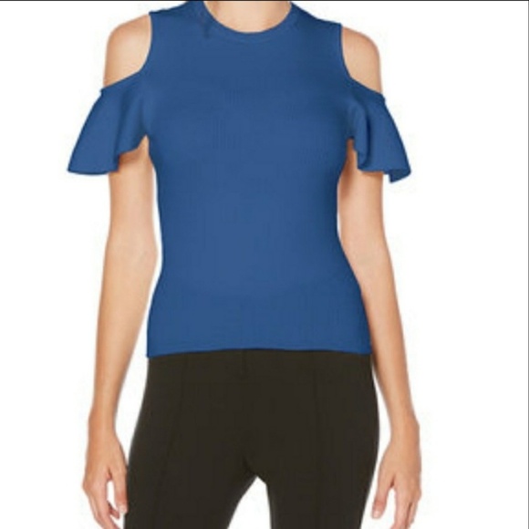 Laundry Shelli Segal Top Cut Out Shoulder Flutter Short Sleeve Knit Blue M NWT - Picture 2 of 8
